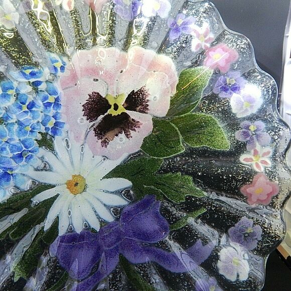 Fused Glass Floral Bouquet Plate Dish Pansy Daisy Ruffled Edge 10.5 In Signed - Picture 4 of 8